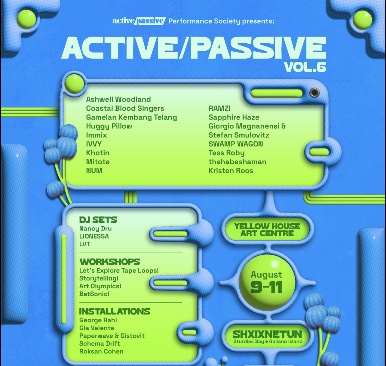 Active Passive Volume 6 festival flyer listing a DJ set by Nancy Dru