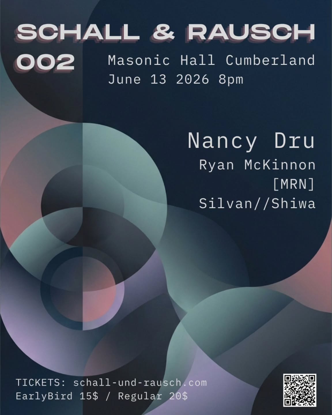 Schall and Rausch 002 flyer listing Nancy Dru, Ryan McKinnon, MRN and Silvan Shiwa
