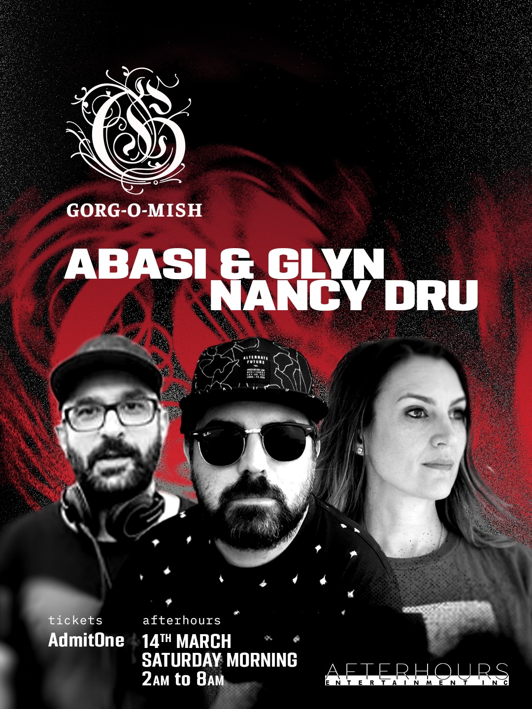 Gorg-O-Mish flyer featuring Abasi, Glyn and Nancy Dru