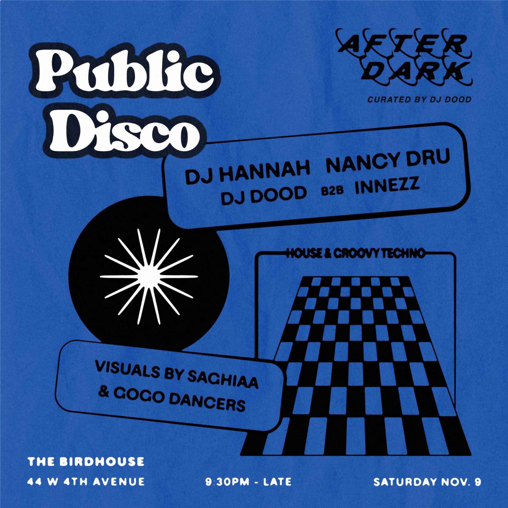 Public Disco After Dark flyer featuring Nancy Dru, DJ Hannah, DJ dood and INNEZZ